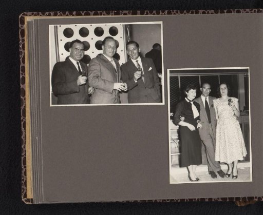 Unknown colleagues of Isabel Wachenheimer during her period at KLM at a party and Isabel Wachenheimer with her third husband Gideon Elon, 1947-1955, Israel