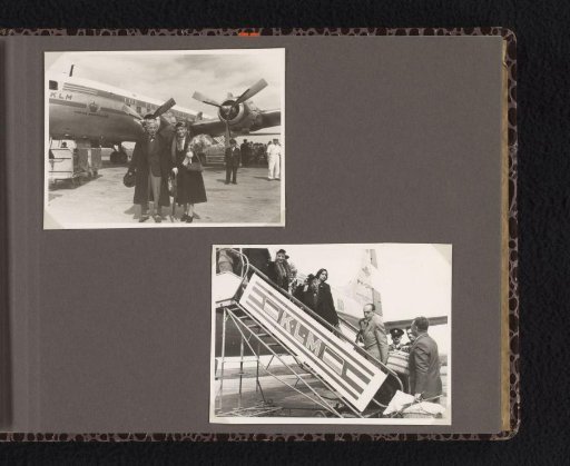 Man and woman posing in front of an aircraft before departure; Isabel Wachenheimer working as a KLM employee on an aircraft boarding ramp, 1947-1955, Israel