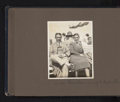 Else Wachenheimer-Moos and her brother Willy Moos in the autumn sun by Lake Geneva, during a holiday of Eugen Wachenheimer and his wife Else Wachenheimer-Moos through Switzerland, August 1927, vicinity of Lake Geneva