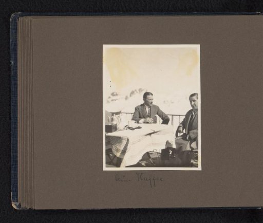 Else Wachenheimer-Moos drinking coffee on a terrace with her brother Willy Moos, during a holiday of Eugen Wachenheimer and his wife Else Wachenheimer-Moos through Switzerland, August 1928, vicinity of Montreux