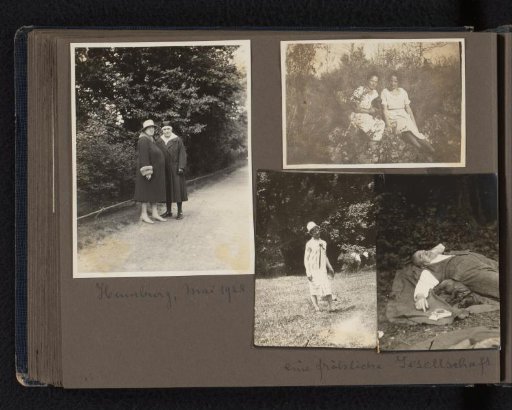 Else Wachenheimer-Moos with the confinement nurse against a wooded background, and unknown people in leisure activities, May 1928, Hamburg