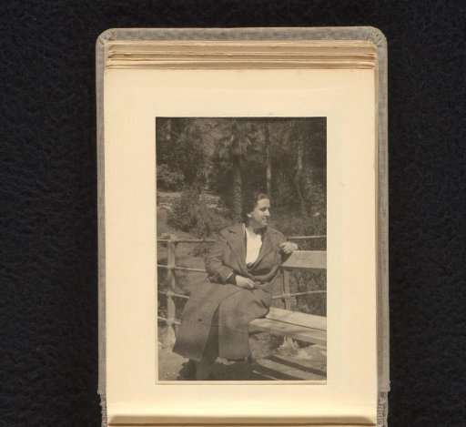 Else Wachenheimer-Moos sitting on a bench in the open air, 1930-1940, Germany / Stuttgart / Hamburg / Switzerland?