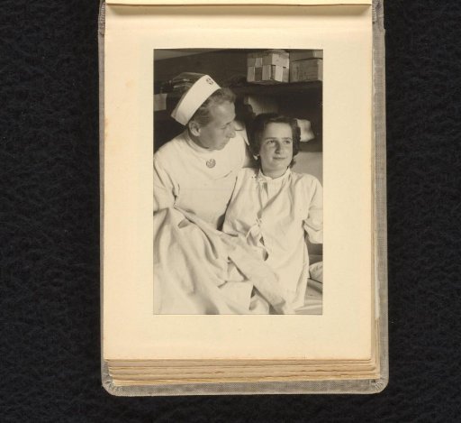 Isabel Wachenheimer in a hospital bed with a nurse beside her, 1945-1947, Switzerland and man with a young boy
