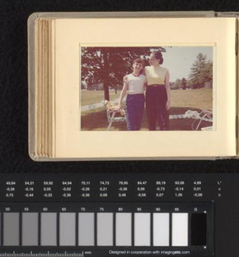Isabel Wachenheimer in the garden with an unknown girl, June 1958, United States