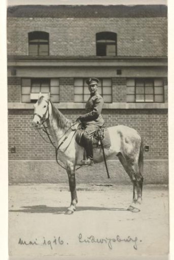 Arthur Moos on horseback in the uniform of the 20th Uhlan Regiment, May 1916, in Ludwigsburg