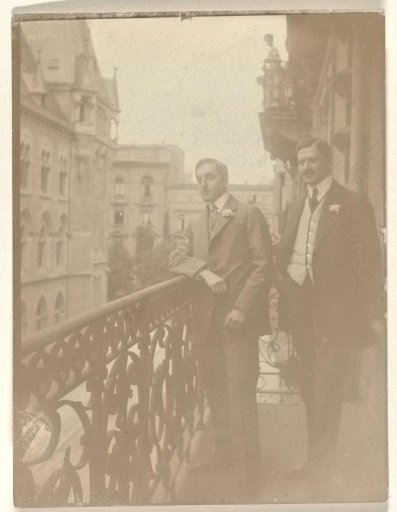 Eugen Wachenheimer as a young man with an unknown man on a balcony, 1906-1926