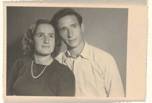 Isabel Wachenheimer in dark clothing with a pearl necklace and Leo Blumensohn