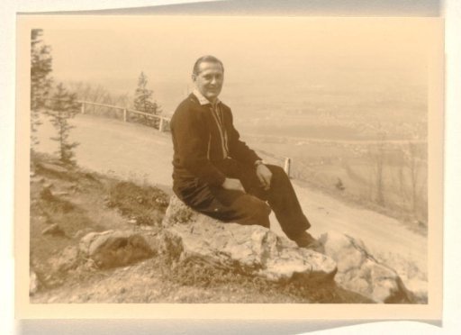 Gideon Elon, the third husband of Isabel Wachenheimer, seated on a stone during the honeymoon of Isabel and Gideon