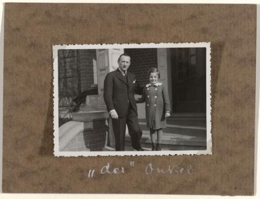 Isabel Wachenheimer and her uncle Willy Moos in front of his house at Hamburg Bellevue 62, September 1934