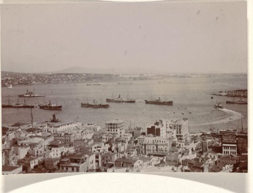 Istanbul with two banks of the Bosphorus river and ships on the river