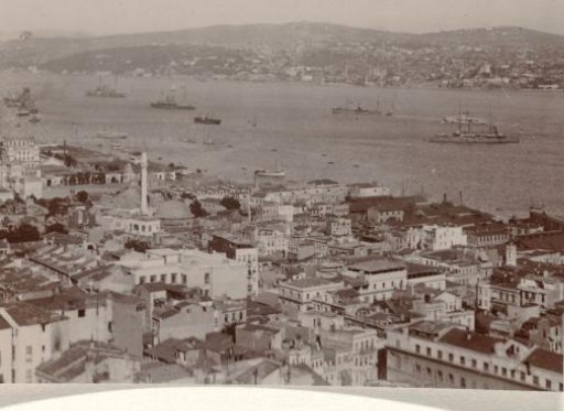 Istanbul with two banks of the Bosphorus river and ships on the river