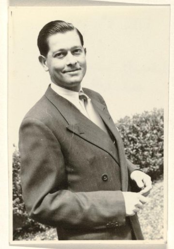 Unknown smiling man, with a hedge in the background