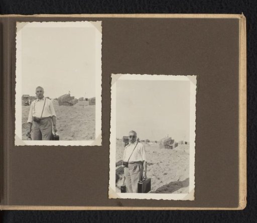 Eugen Wachenheimer on the beach with a camera around his neck, August 1933, Travemünde