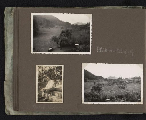 View from Hotel Selighof of a mountain landscape, and Uncle Stephan on a staircase, April-August 1933, Baden-Baden