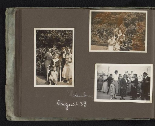 Isabel Wachenheimer with her mother Else Wachenheimer-Moos, the nursemaid, and three unknown women in the garden and harbor, August 1933, Hamburg
