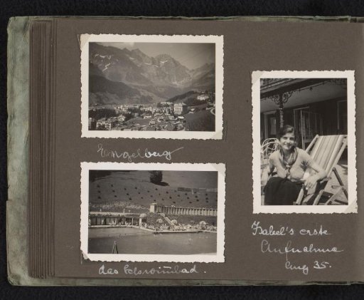 The first photograph taken by Isabel Wachenheimer of her nursemaid, Engelberg and the swimming pool at Schwerin, August 1935, Engelberg (Switzerland)