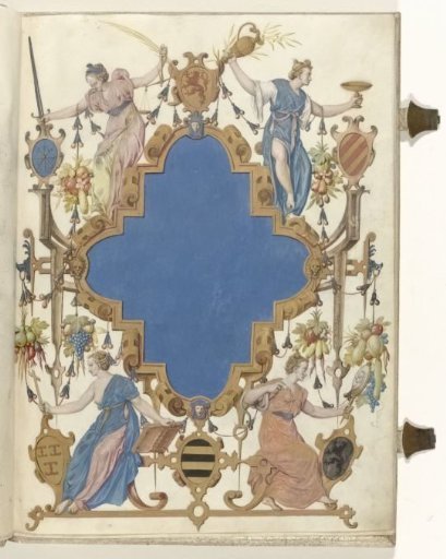 Title page with cartouche surrounded by four allegorical figures