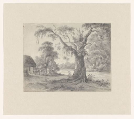 Landscape with a tree and hut, horse and cart, and two figures