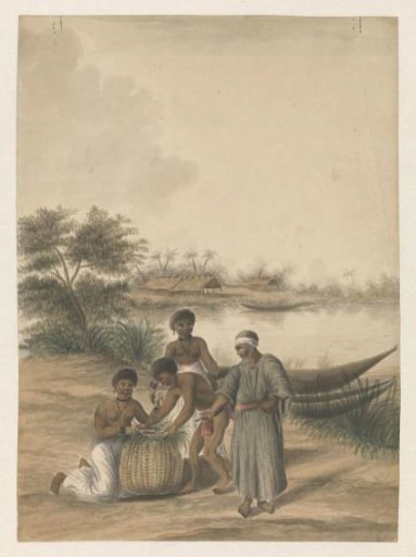 Group of Creoles by a riverbank with a load of fish