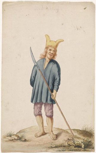 Albino with a jester's cap and coat of arms