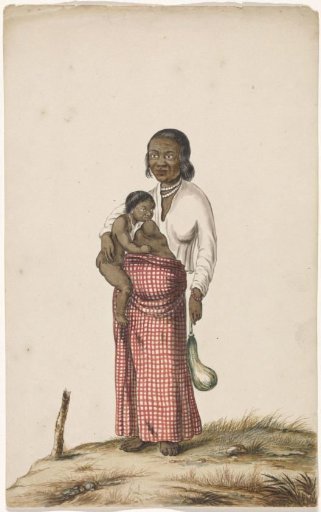 A Malaysian Woman with an Infant and an Eggplant