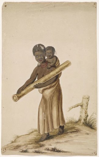 African woman with child and tree trunk