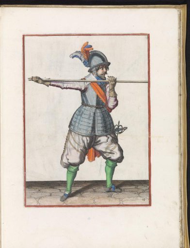 Soldier carrying his pike horizontally at shoulder height with both hands, his right hand at the butt of the weapon