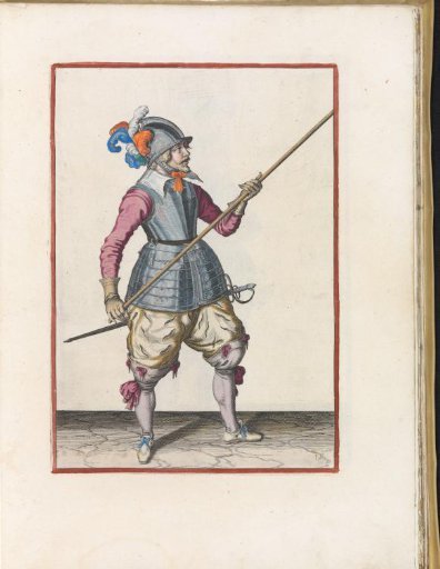 Soldier carrying his pike with both hands at his right side, the point angled upwards