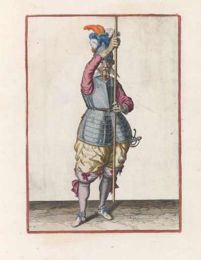 Soldier, seen from the front, holding his pike upright with both hands in front of him, slightly above the ground