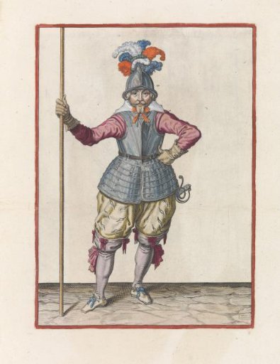 Soldier, seen from the front, holding his pike upright with his right hand