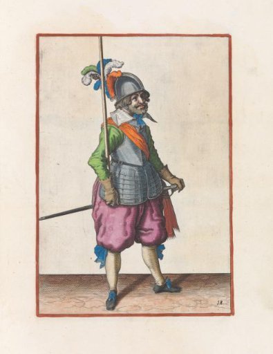 Soldier carrying his pike vertically in his right hand