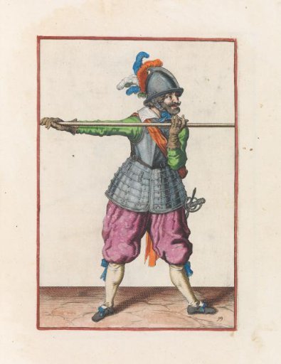 Soldier carrying his pike horizontally at shoulder height with both hands