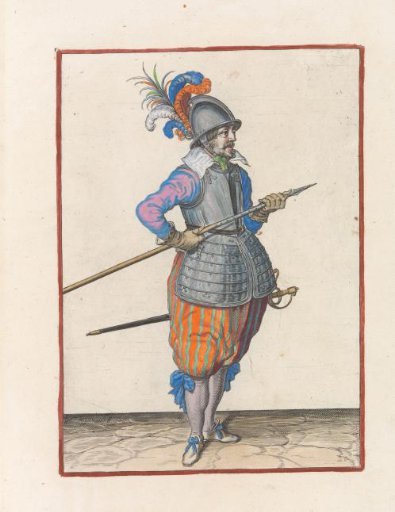 Soldier carrying his pike with both hands at his right side, the point angled upwards and close to his stomach