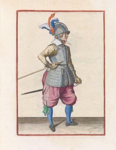 Soldier carrying his pike with his right hand at his right side, the point angled upwards and close to his stomach