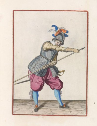 Soldier thrusting his pike forward with his right hand while grasping the shaft with his left hand