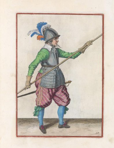 Soldier thrusting his pike forward by moving his right hand from the point to the butt of the weapon