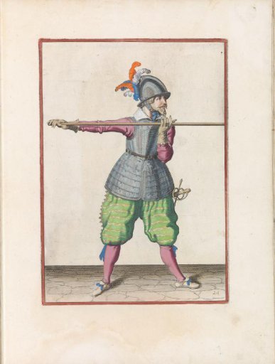 Soldier carrying his pike horizontally at shoulder height with both hands, his right hand at the butt of the weapon