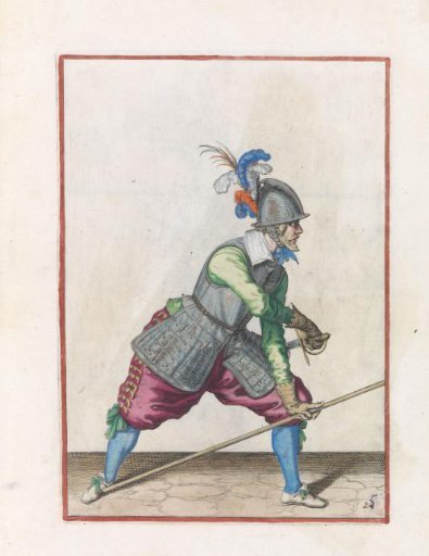Soldier placing his pike against his right foot with his left hand while drawing his sword with his right hand