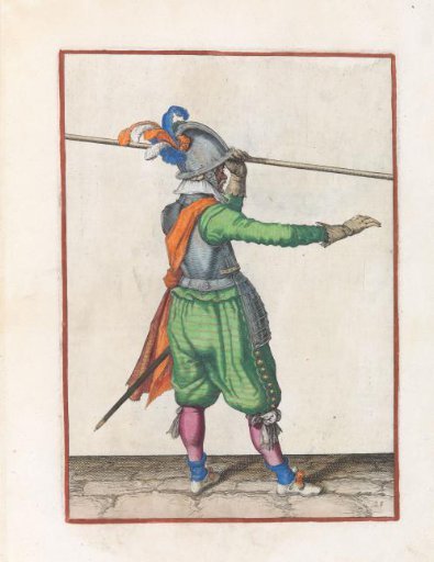 Soldier carrying his pike with his left hand above his left shoulder, his right hand extended forward