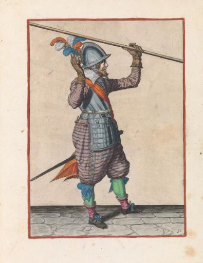 Soldier lifting his pike with his left hand above his left shoulder, his right hand raised to take it