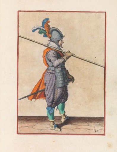 Soldier carrying his pike on his right shoulder, the point angled towards the ground