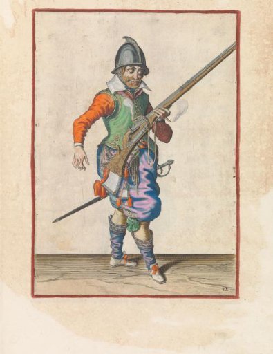 Soldier holding his musket with his left hand angled upward
