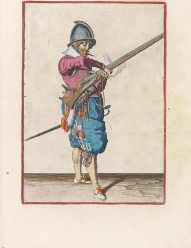 Soldier with a musket transferring his match from his right to his left hand
