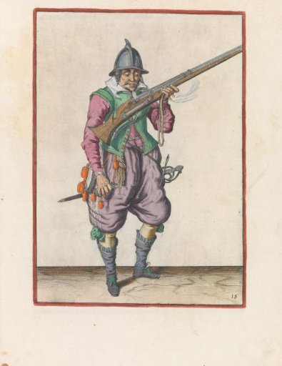 Soldier blowing sparks away from the pan of his musket