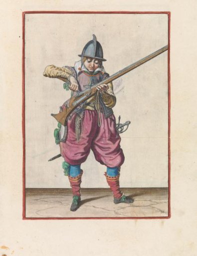 Soldier pouring powder into the pan of his musket