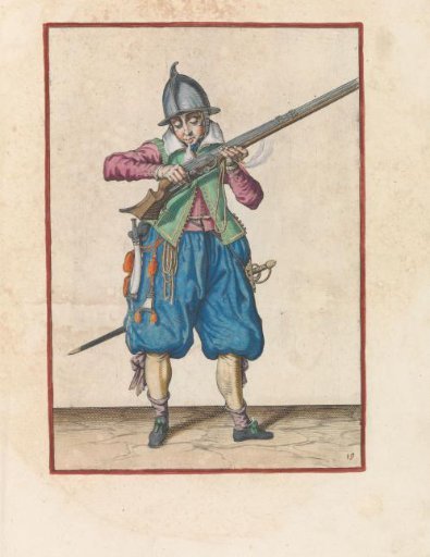 Soldier blowing powder from his musket