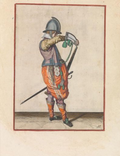 Soldier pouring powder into the barrel of his musket