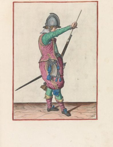 Soldier taking his ramrod from the holder under the barrel of his musket