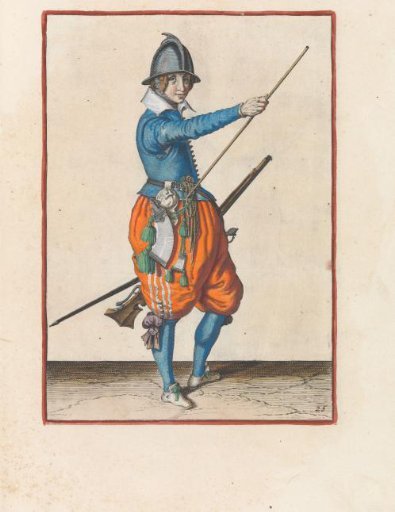 Soldier with a musket sliding his right hand toward the end of his ramrod