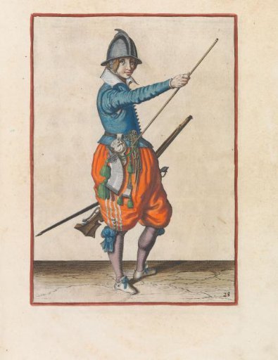 Soldier with a musket sliding his right hand toward the end of his ramrod